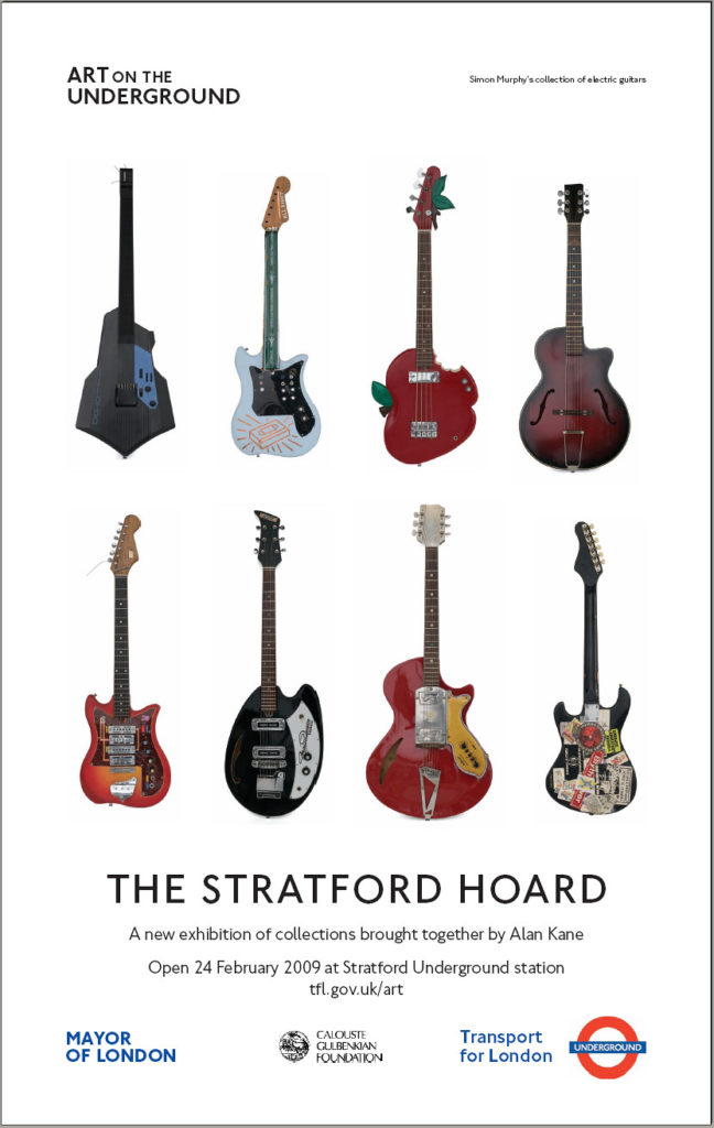 Poster for The Stratford Hoard featuring an archive of eight guitars on a white background