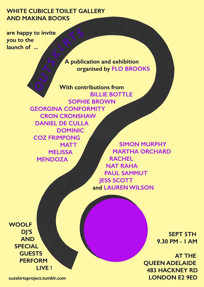 Poster for Flo Brooks' project Outskirts featuring a wiggly line and a dot that loks like a question mark, a list of all the contributors, and details of where the exhibition took place