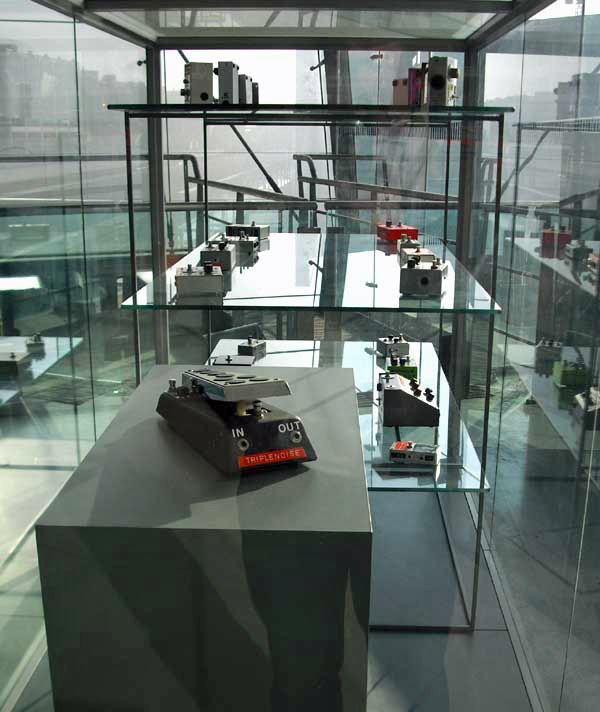 Pedals on display in a glass cabinet in Stratford Station
