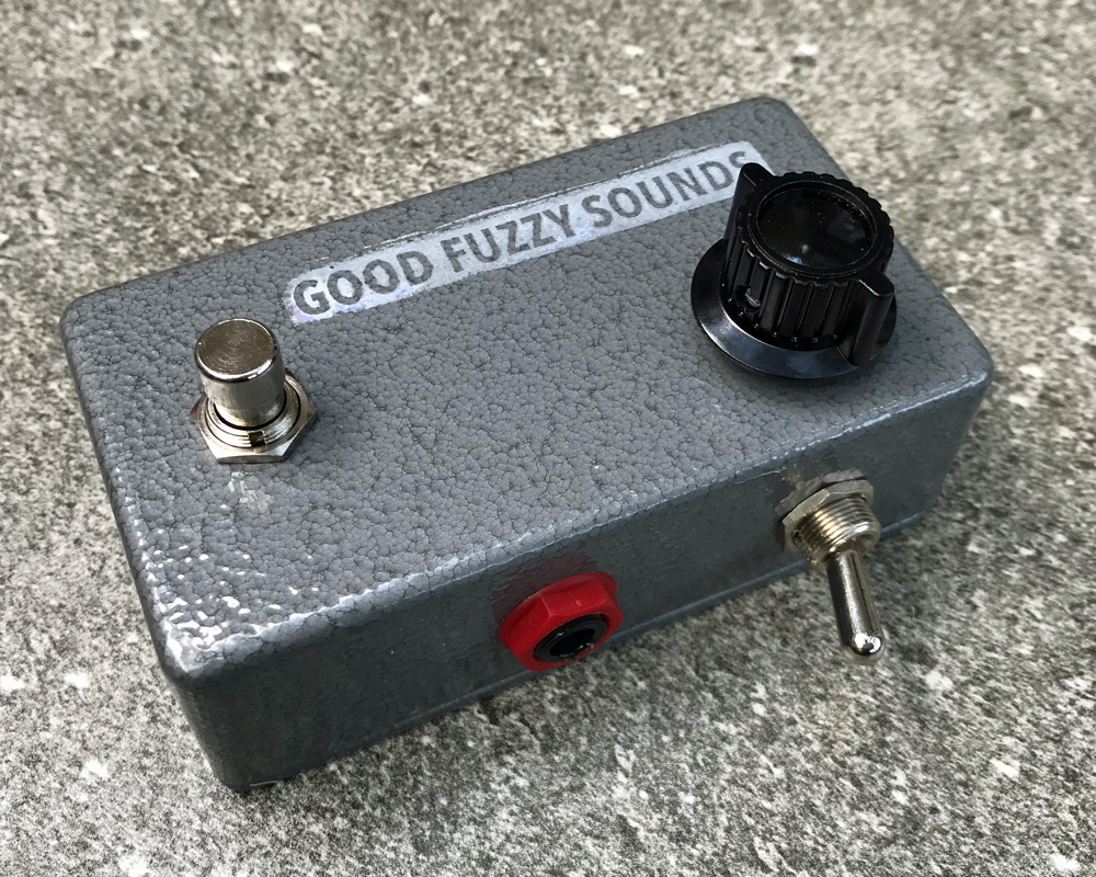 Good Fuzzy Sounds 2.Bad fuzz pedal, a moulded metal enclosure with two knobs, a switch and hand-stamped graphics
