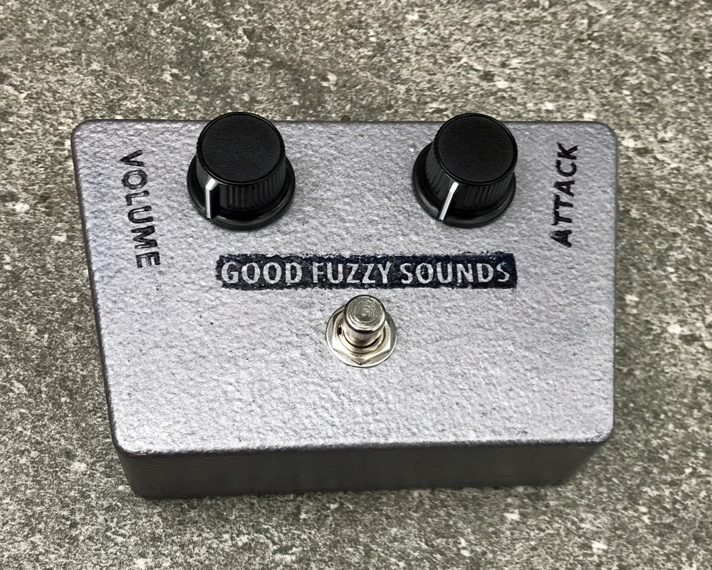 Good Fuzzy Sounds FZ-X home made fuzz pedal in metal enclosure with two black knobs, a switch and stamped logos